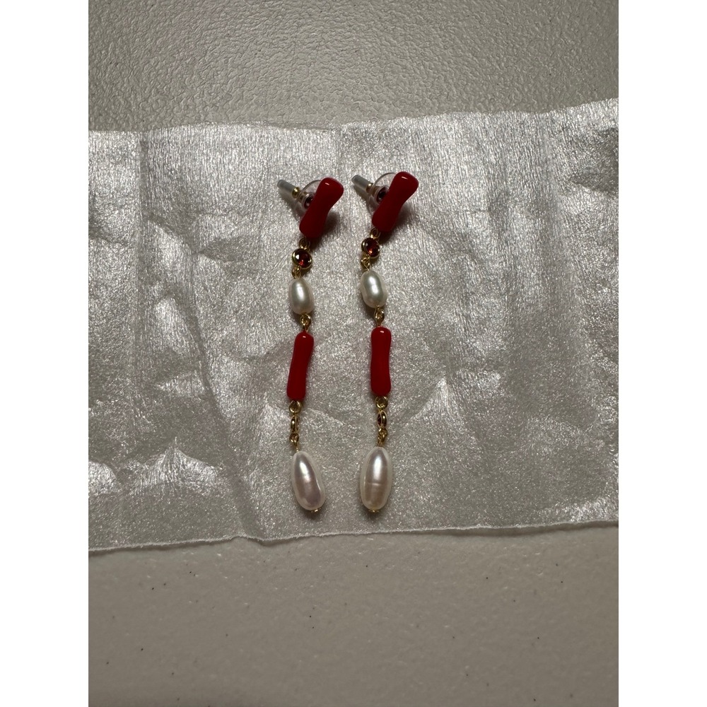 Tuckernuck Red Coral and Pearl Drop Earrings Gold Tone Linear Dangle - Picture 2 of 5